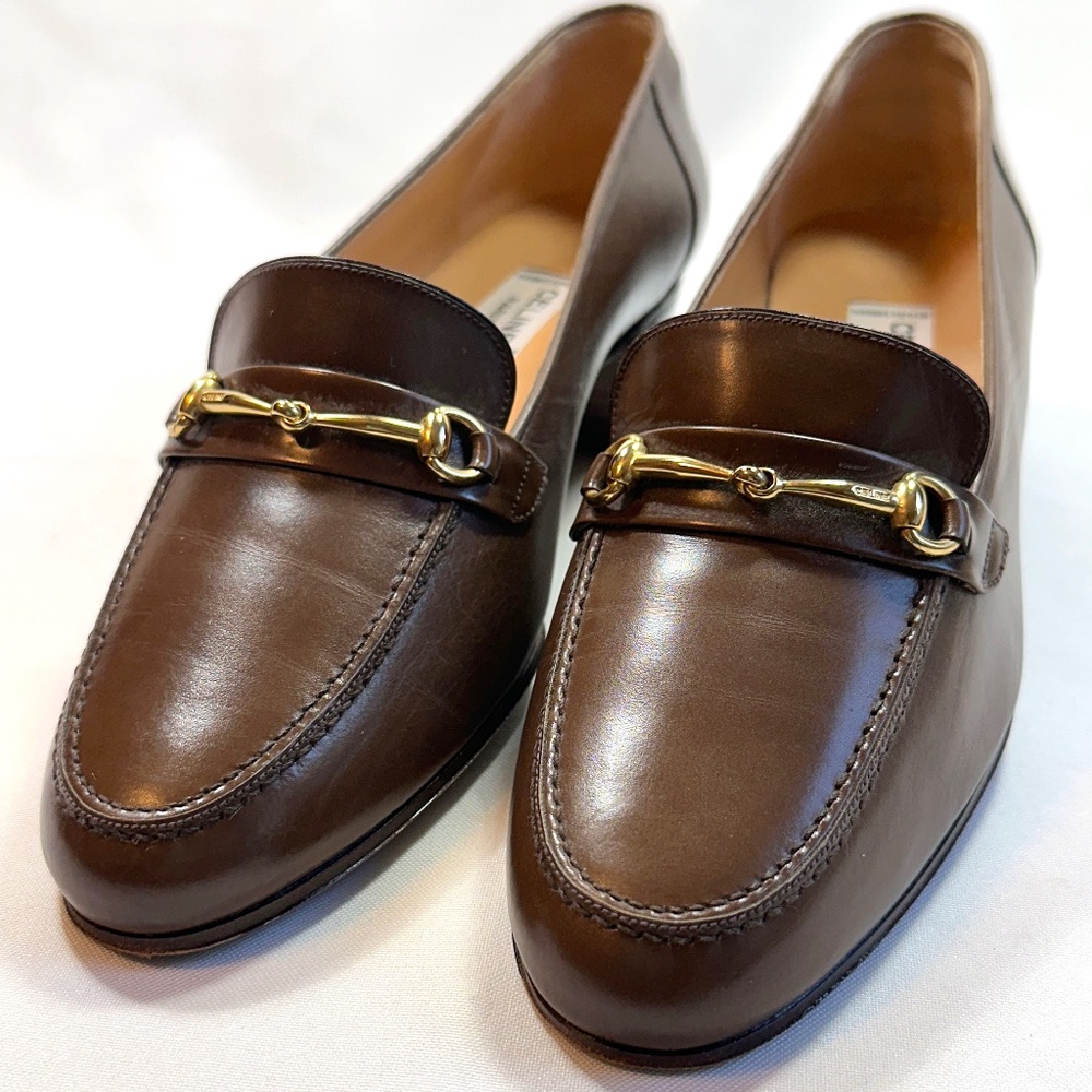 Vintage CELINE Brown Leather Loafer Pumps Gold Hardware Size 37.5 (37-1/2) US-7